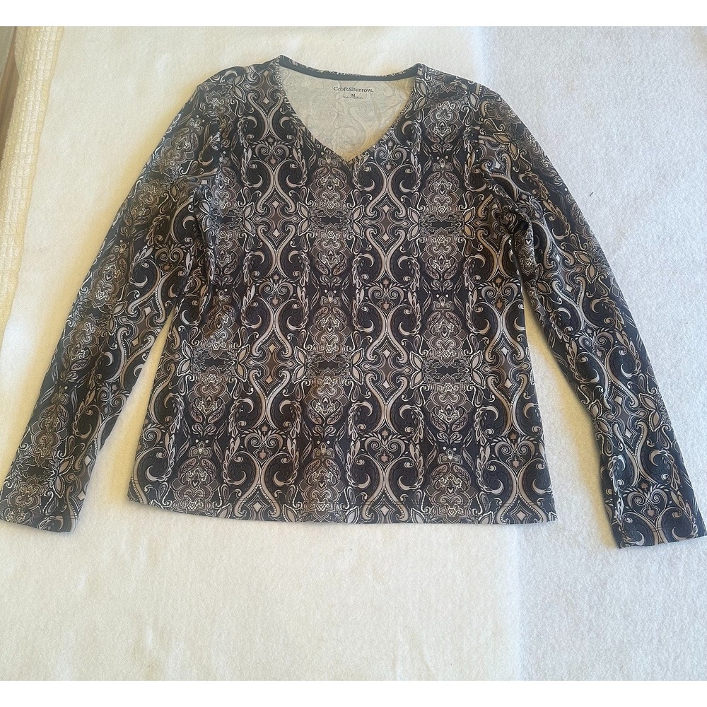 Croft Barrow Paisley Top Womens Size M Black Gray Long Sleeve V Neck Boho